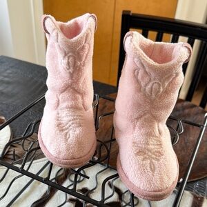Lands' End Pink Plush Shearling Booties with Bow Detail